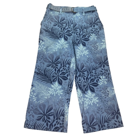Basic Editions Pants - Basic Editions Size 4 Blue Tropical Leaf Print Wide Leg Cropped Belted Pants